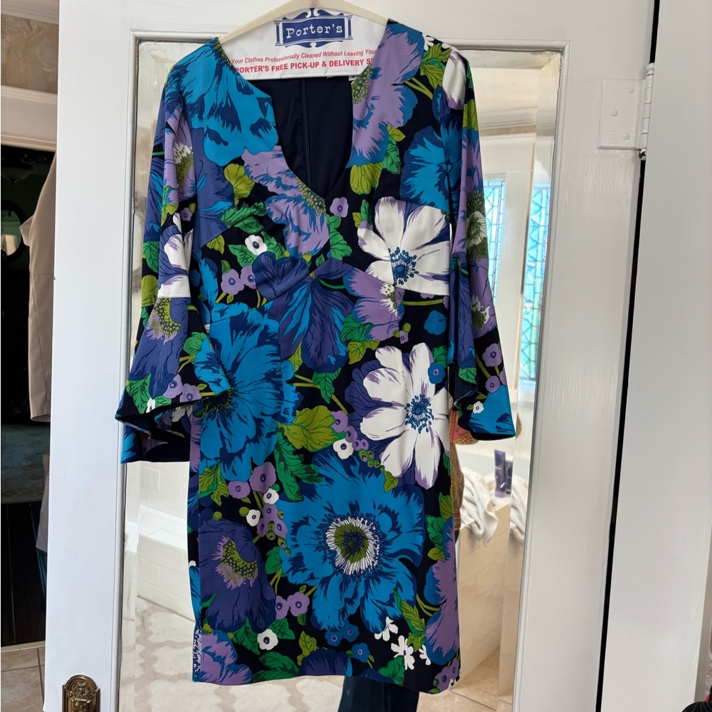 Trina Turk Blue and White Sheath Dress with Bell Sleeves
